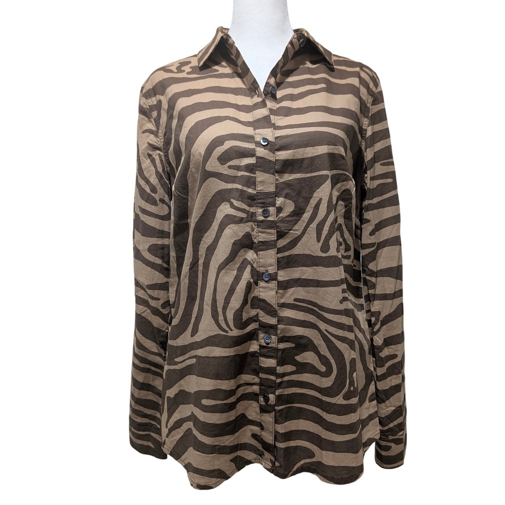 J.McLaughlin Womens Brown‎ Zebra Print Cotton Button Down Shirt Size S